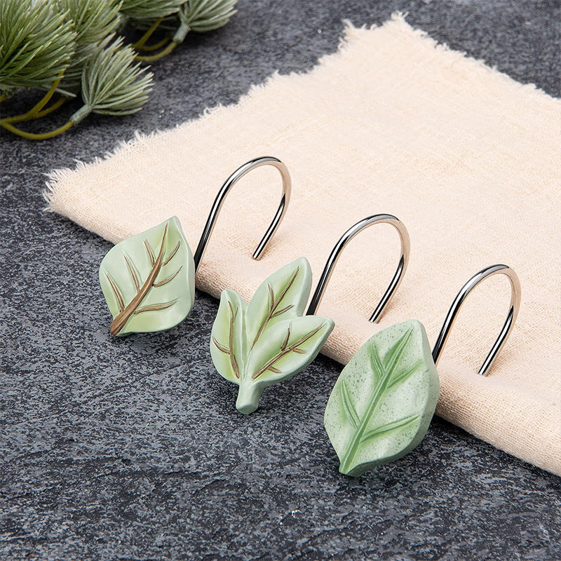 12 pcs/box, 2 boxes Exquisite Leaf Decor Shower Curtain Hooks Stainless Steel